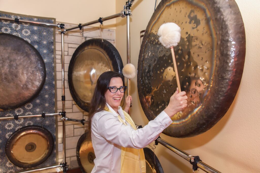 Gong yoga close up on instruments for sound relaxation and